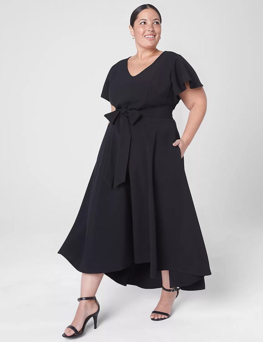 Dámské Midi Šaty Lane Bryant Lena V-Neck High-Low Černé | MZS8124UI