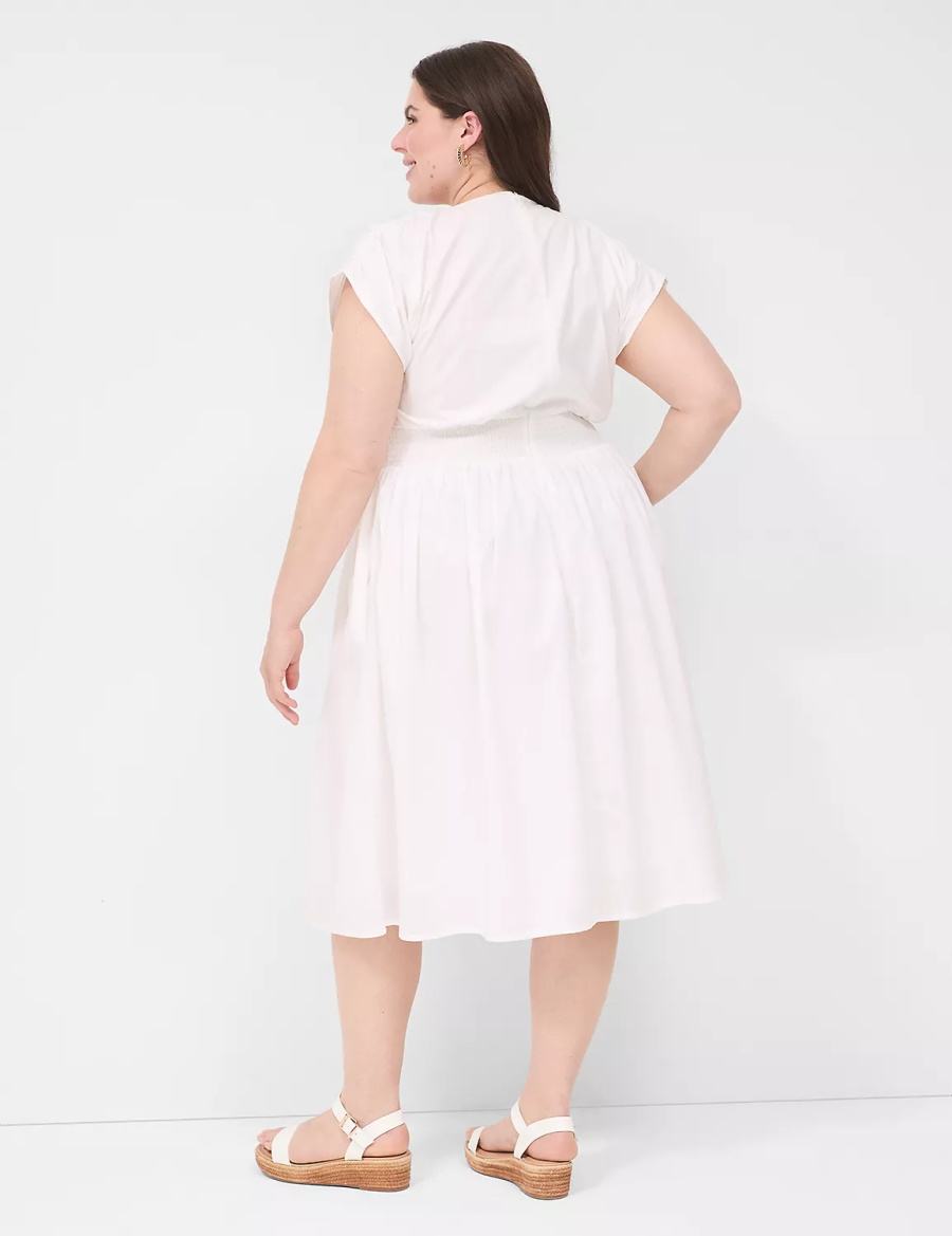 Dámské Midi Šaty Lane Bryant Shirred-Shoulder Smocked-Waist Bílé | BGH6493IC