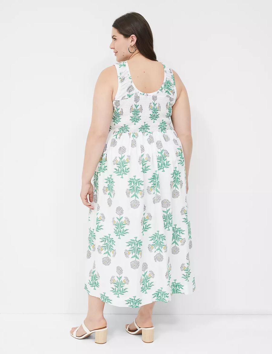 Dámské Midi Šaty Lane Bryant Smocked-Bodice Bílé Zelene | FOM5119UI