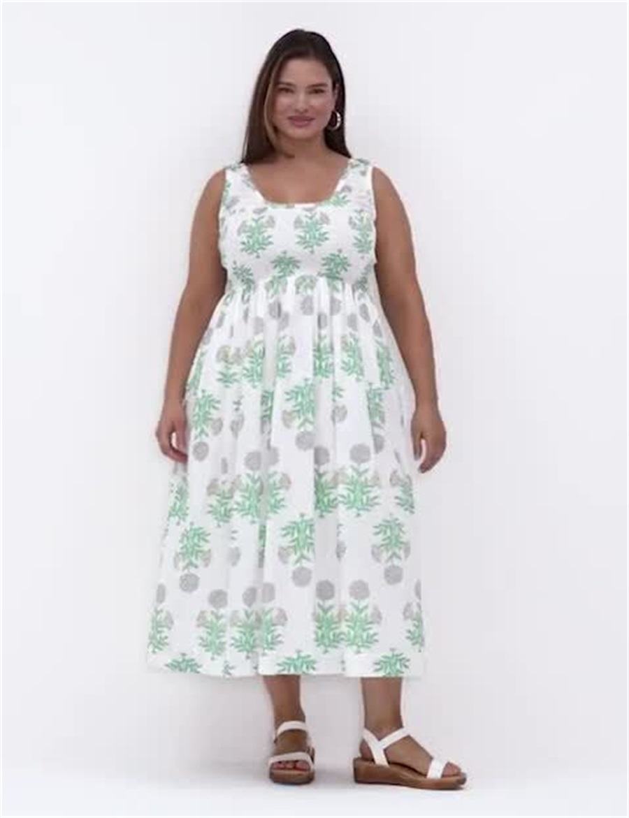 Dámské Midi Šaty Lane Bryant Smocked-Bodice Bílé Zelene | FOM5119UI