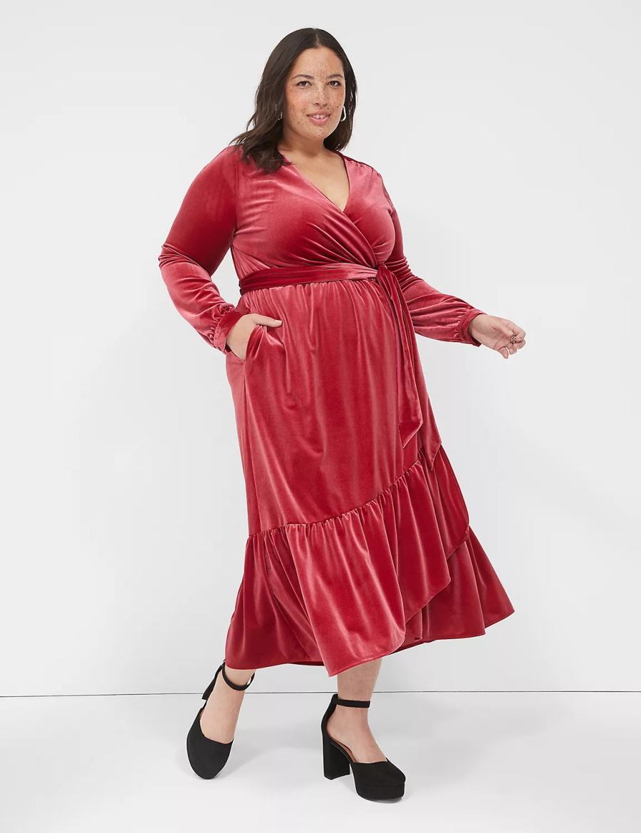 Dámské Midi Šaty Lane Bryant Tiered Wrap Velvet Tmavě Červené | KZN1073CI