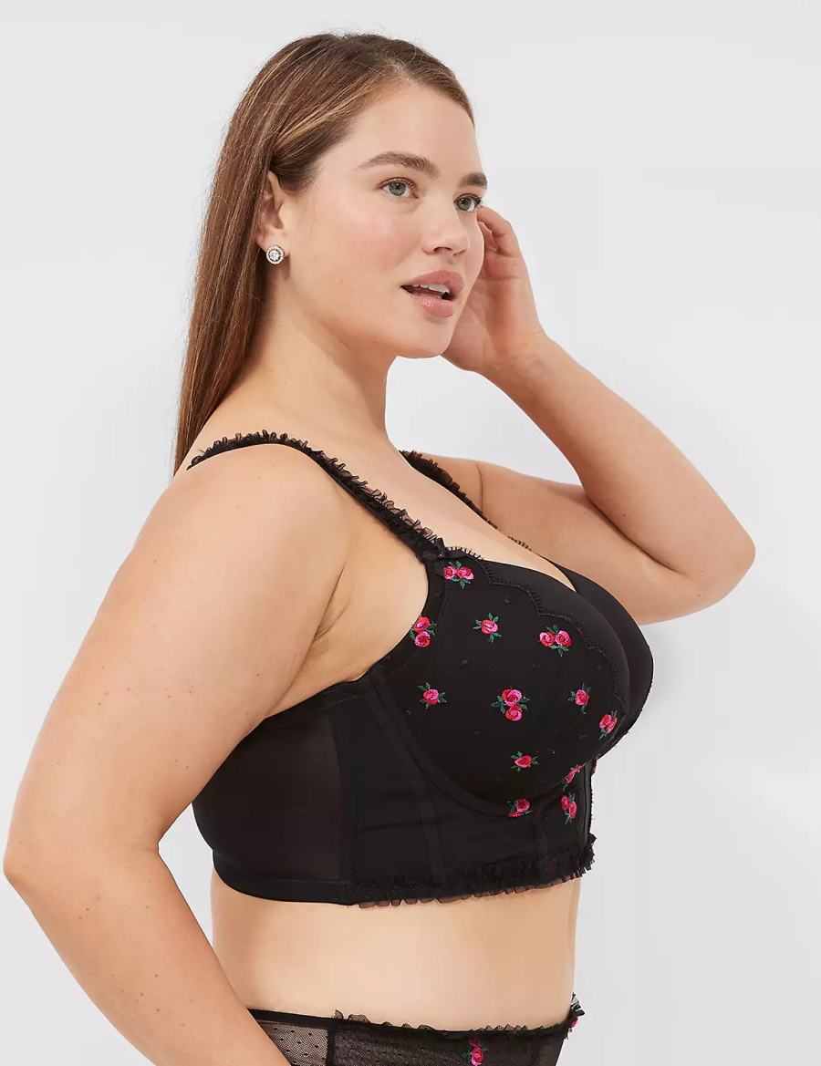 Dámské Podprsenka Balkonetová Lane Bryant Embroidered Ruffle-Trim Longline Boost Černé | LSB1580VQ