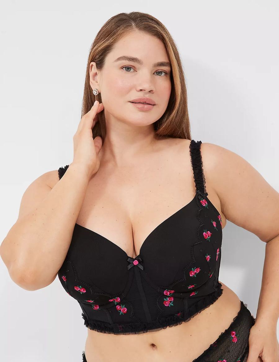 Dámské Podprsenka Balkonetová Lane Bryant Embroidered Ruffle-Trim Longline Boost Černé | LSB1580VQ