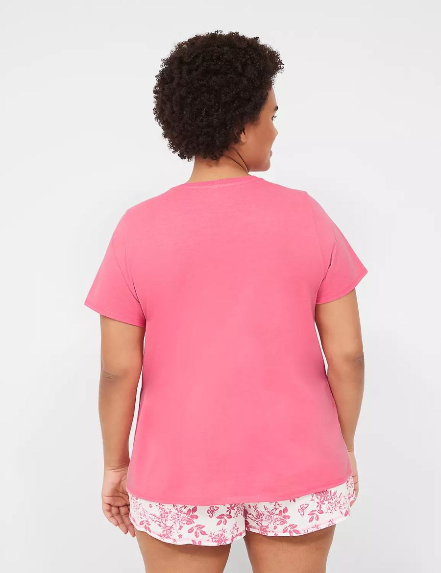 Dámské Pyžama Lane Bryant Comfy Cotton Rib-Trim Tee & Short PJ Set Růžové Bílé | GJW6694XI