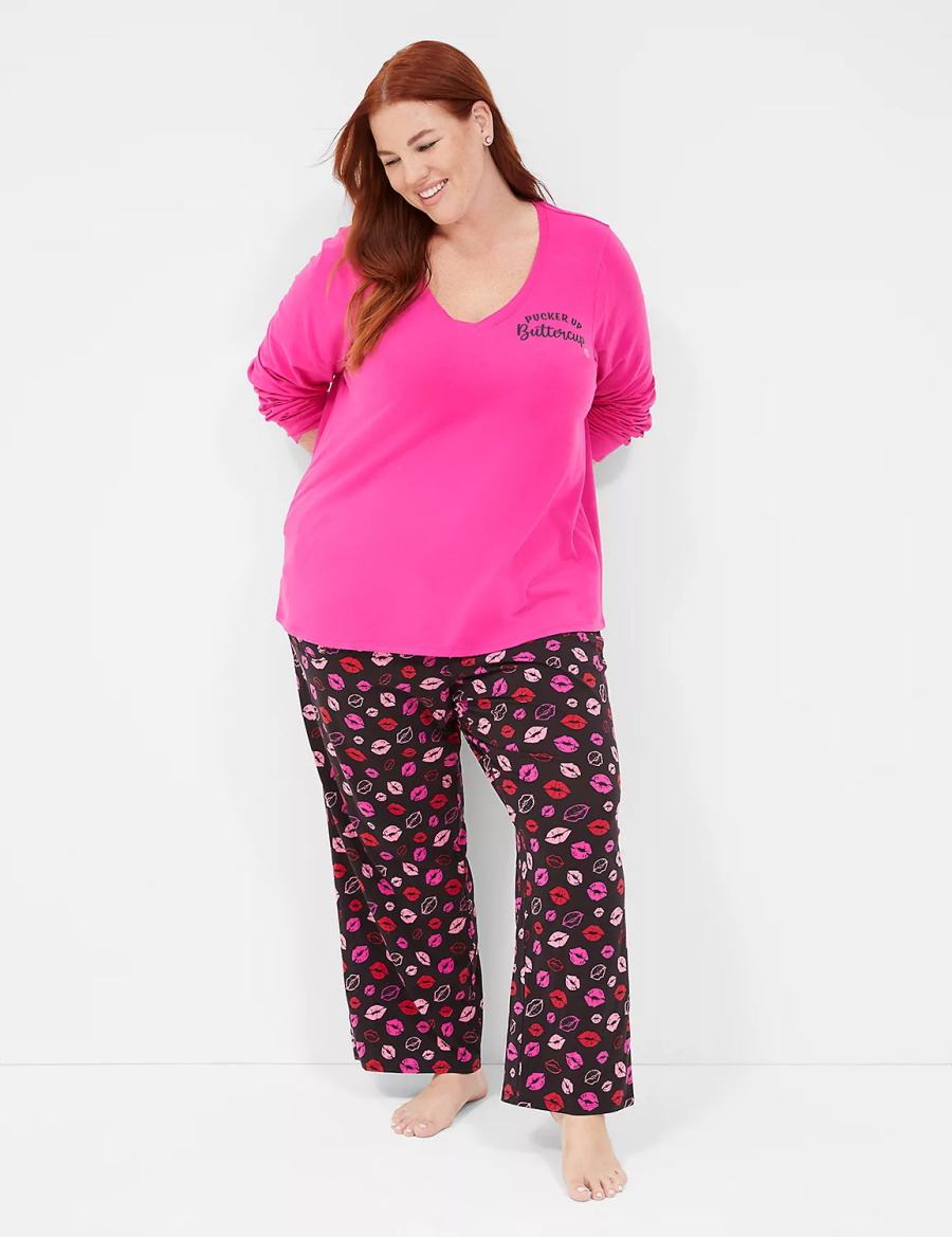 Dámské Pyžama Lane Bryant Comfy Cotton V-Neck Tee & Block Pant PJ Set Fialové Viacfarebný | NRR4051JW