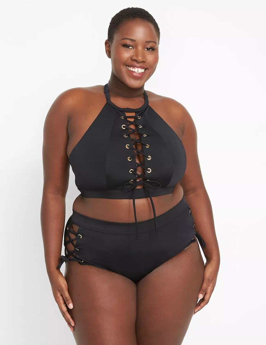 Dámské Slipy Lane Bryant Lace-Up High-Waist Swim Černé | HHT6266MG