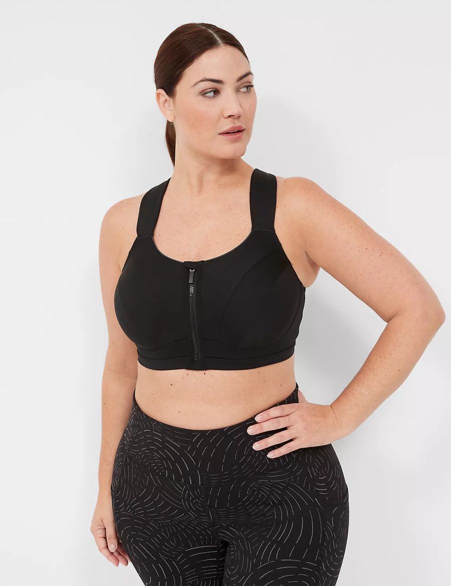 Dámské Sportovní Podprsenka Lane Bryant LIVI Max Support Comfort Zip-Front Černé | QJB8176WU