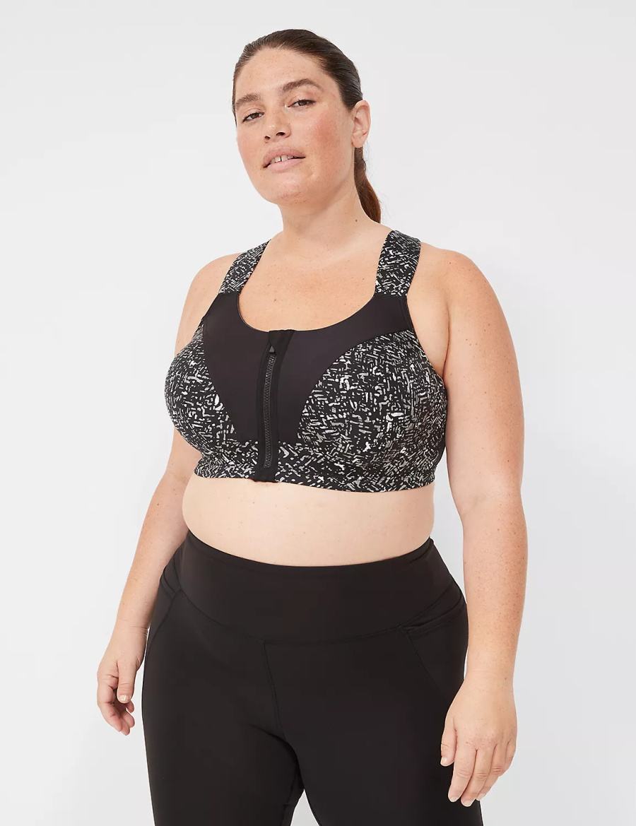 Dámské Sportovní Podprsenka Lane Bryant LIVI Max Support Comfort Zip-Front Černé | OBS9236ER