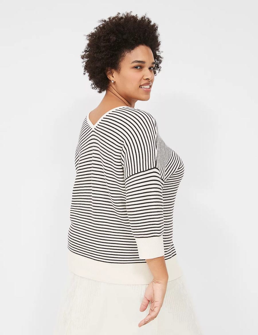 Dámské Svetry Lane Bryant 3/4-Sleeve V-Neck Striped Bílé Černé | DBZ2039HG