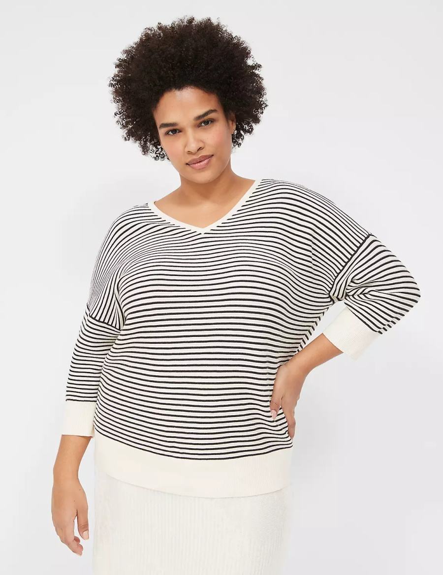 Dámské Svetry Lane Bryant 3/4-Sleeve V-Neck Striped Bílé Černé | DBZ2039HG