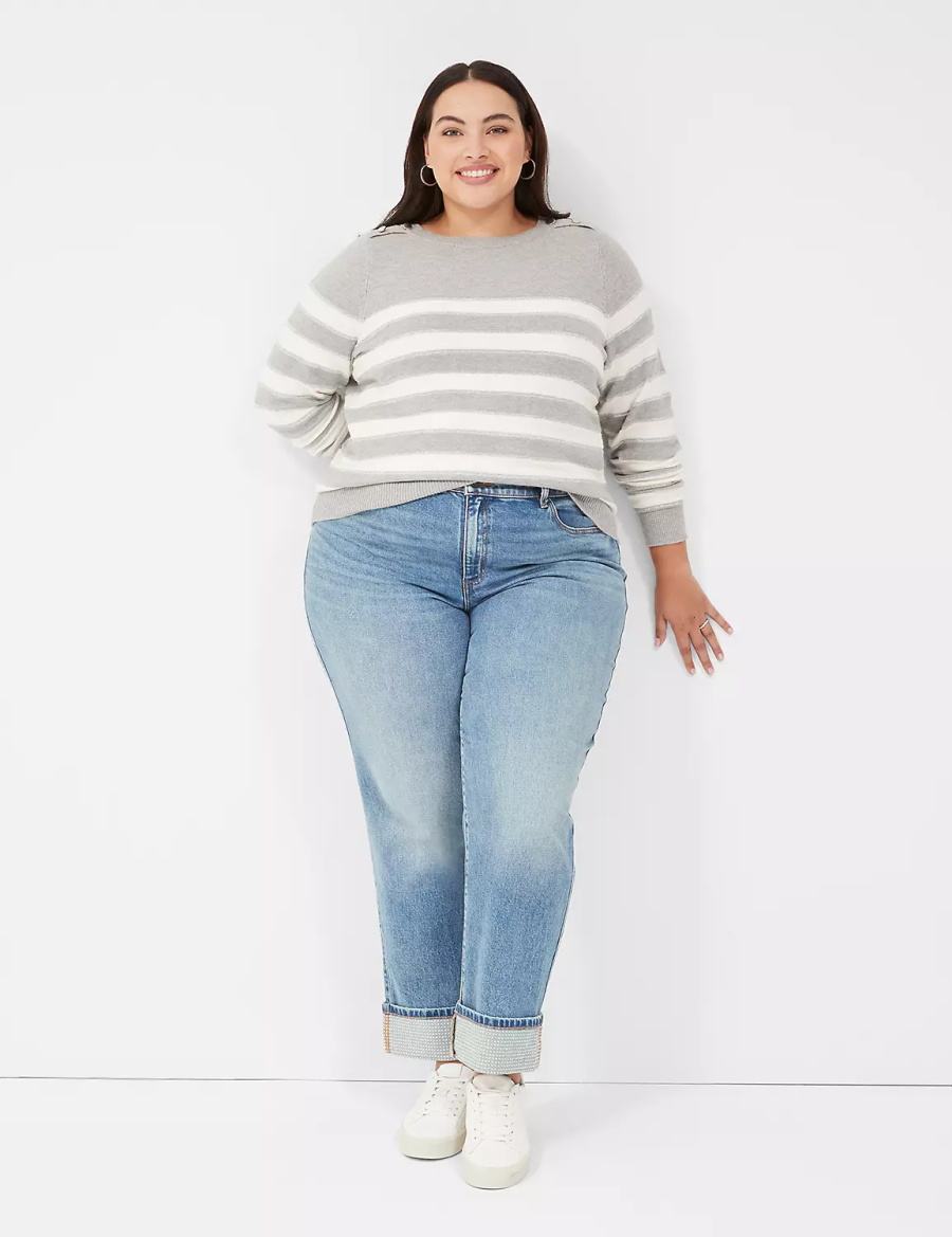 Dámské Svetry Lane Bryant Crew-Neck Button-Shoulder Striped Hnědé | QUS4038ZE