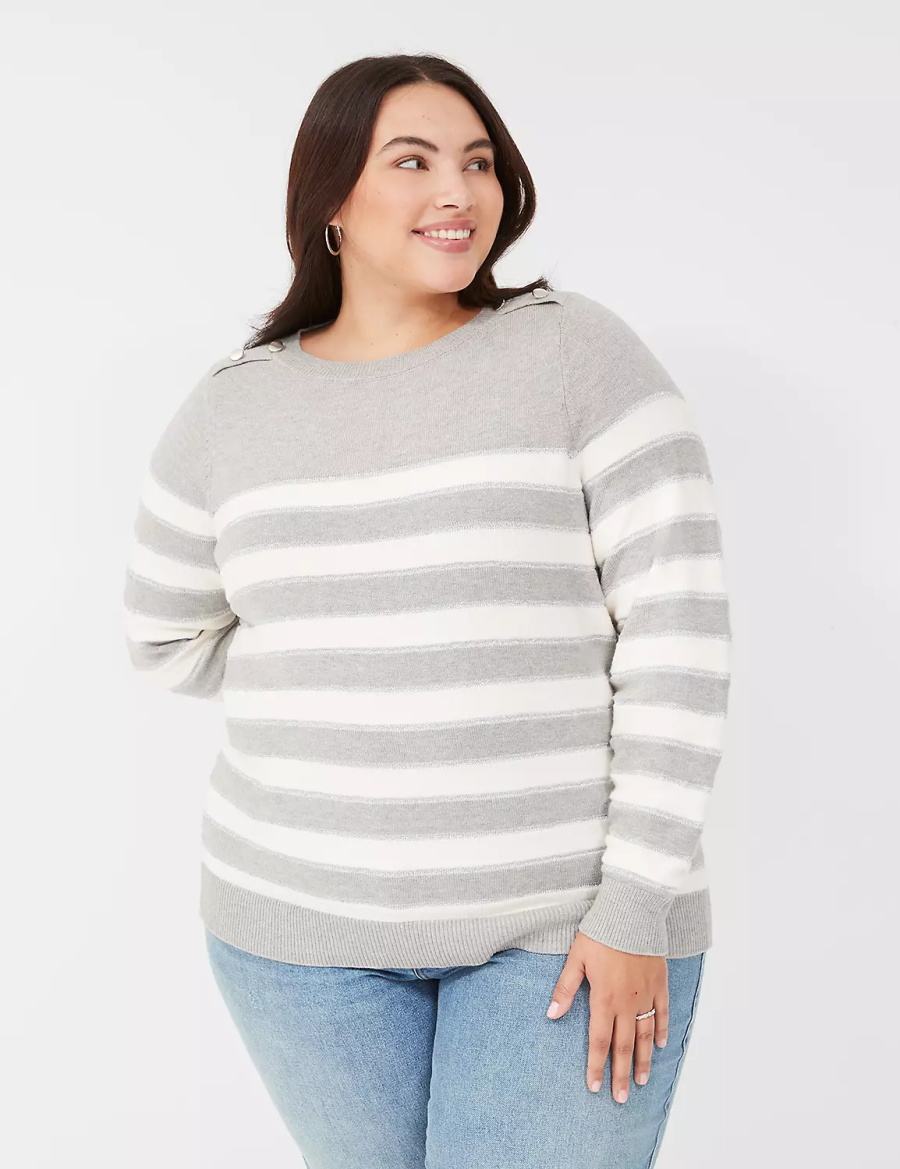 Dámské Svetry Lane Bryant Crew-Neck Button-Shoulder Striped Hnědé | QUS4038ZE