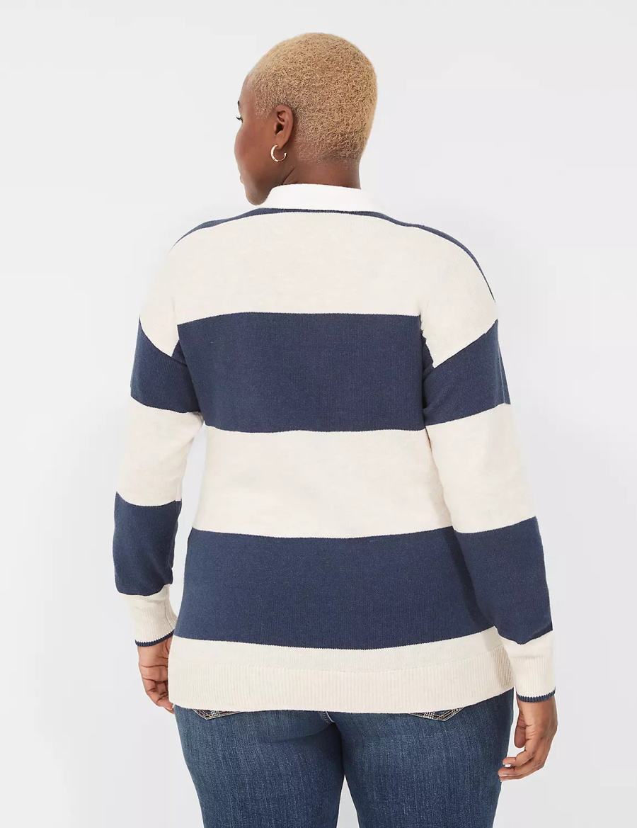 Dámské Svetry Lane Bryant Long-Sleeve Stripe Polo Tmavě Blankyt Proužek | BJD4374AQ