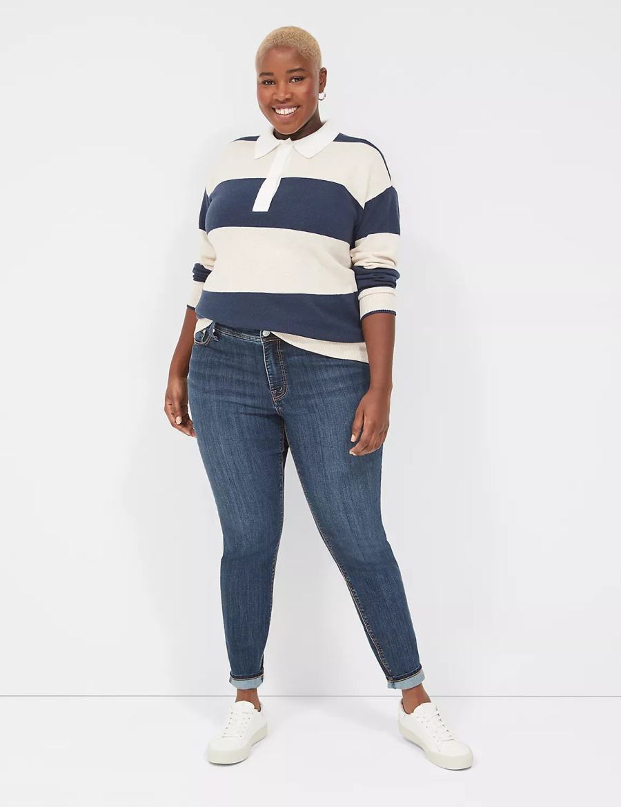 Dámské Svetry Lane Bryant Long-Sleeve Stripe Polo Tmavě Blankyt Proužek | BJD4374AQ