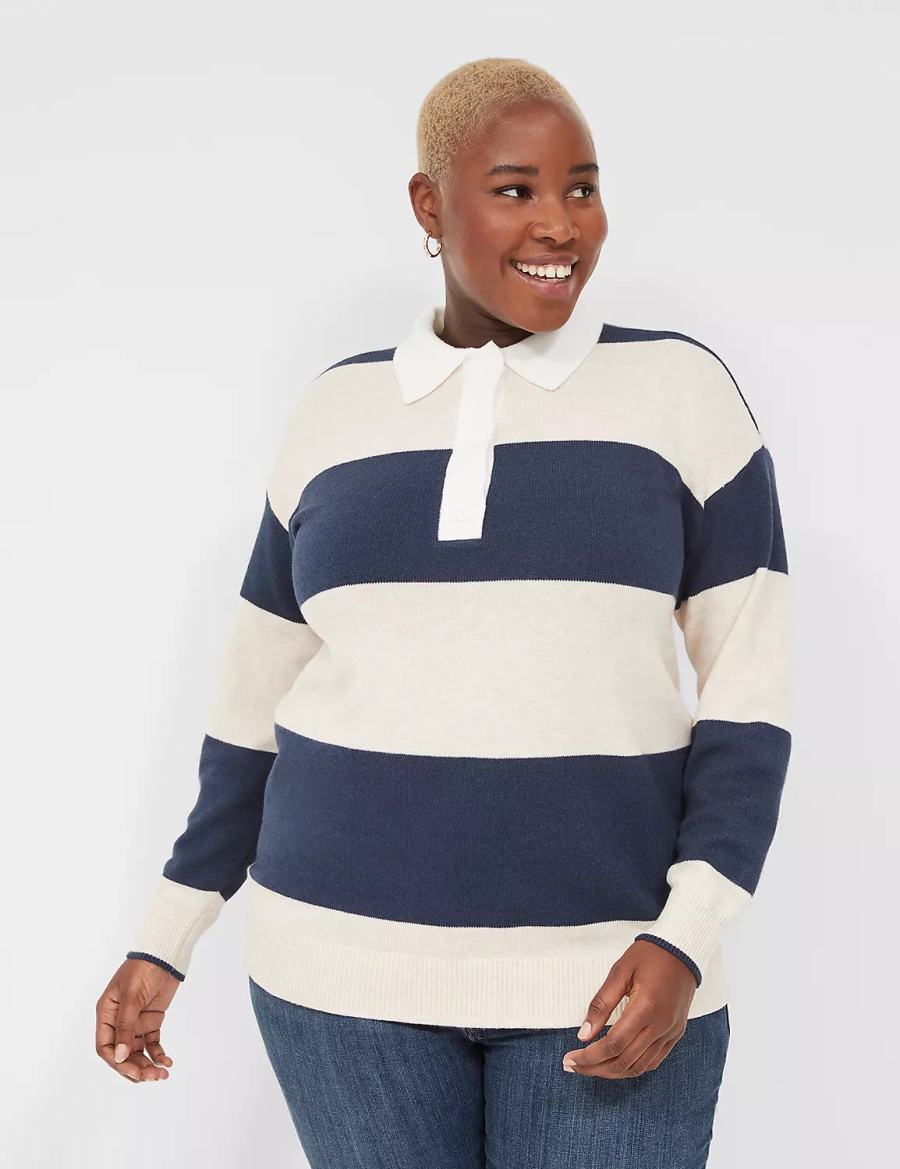 Dámské Svetry Lane Bryant Long-Sleeve Stripe Polo Tmavě Blankyt Proužek | BJD4374AQ