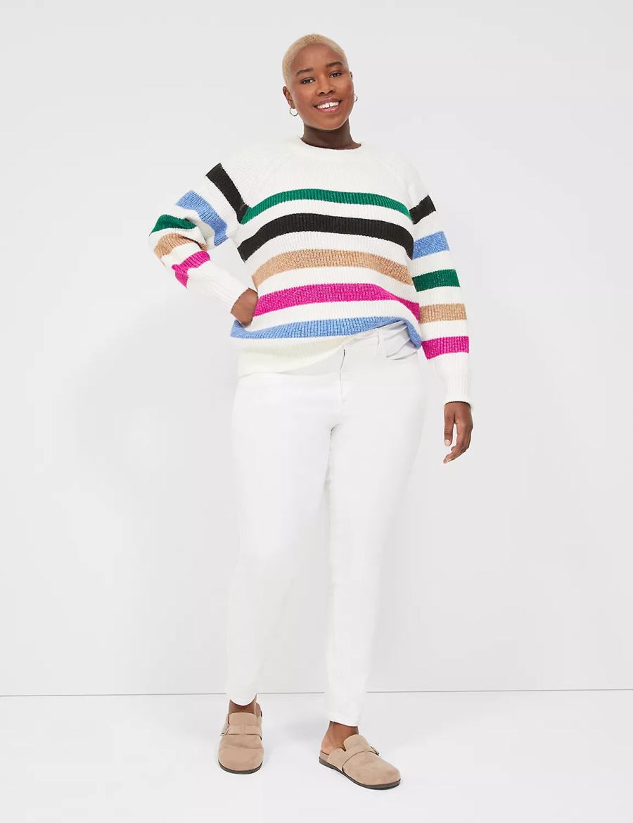 Dámské Svetry Lane Bryant Lurex Stripe Crew-Neck Bílé Proužek | MHB9725ZU