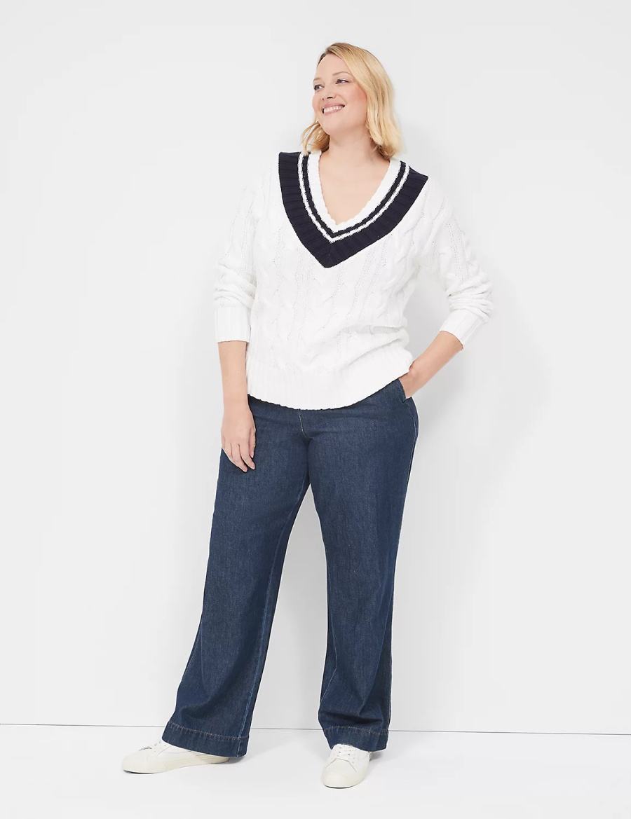 Dámské Svetry Lane Bryant V-Neck Cable Pullover Bílé | ONE10046HE