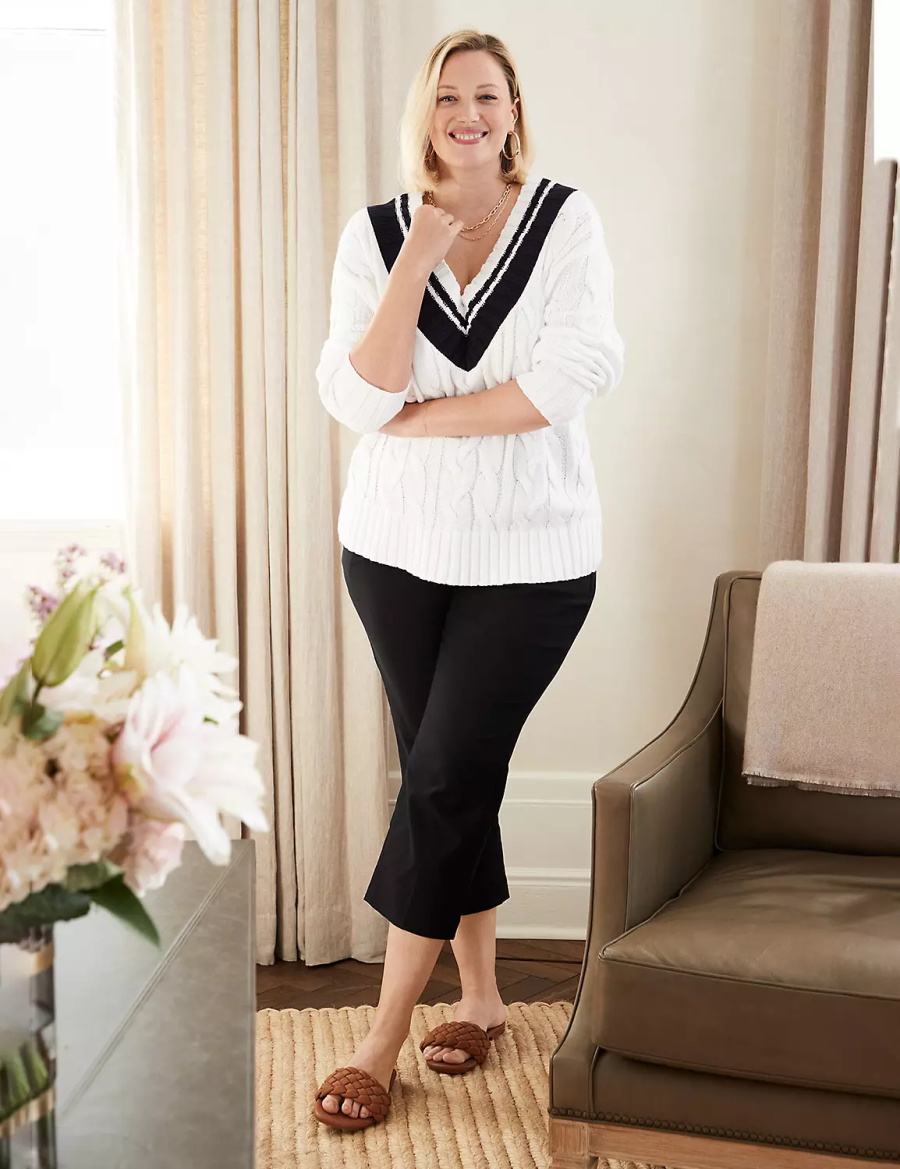 Dámské Svetry Lane Bryant V-Neck Cable Pullover Bílé | ONE10046HE