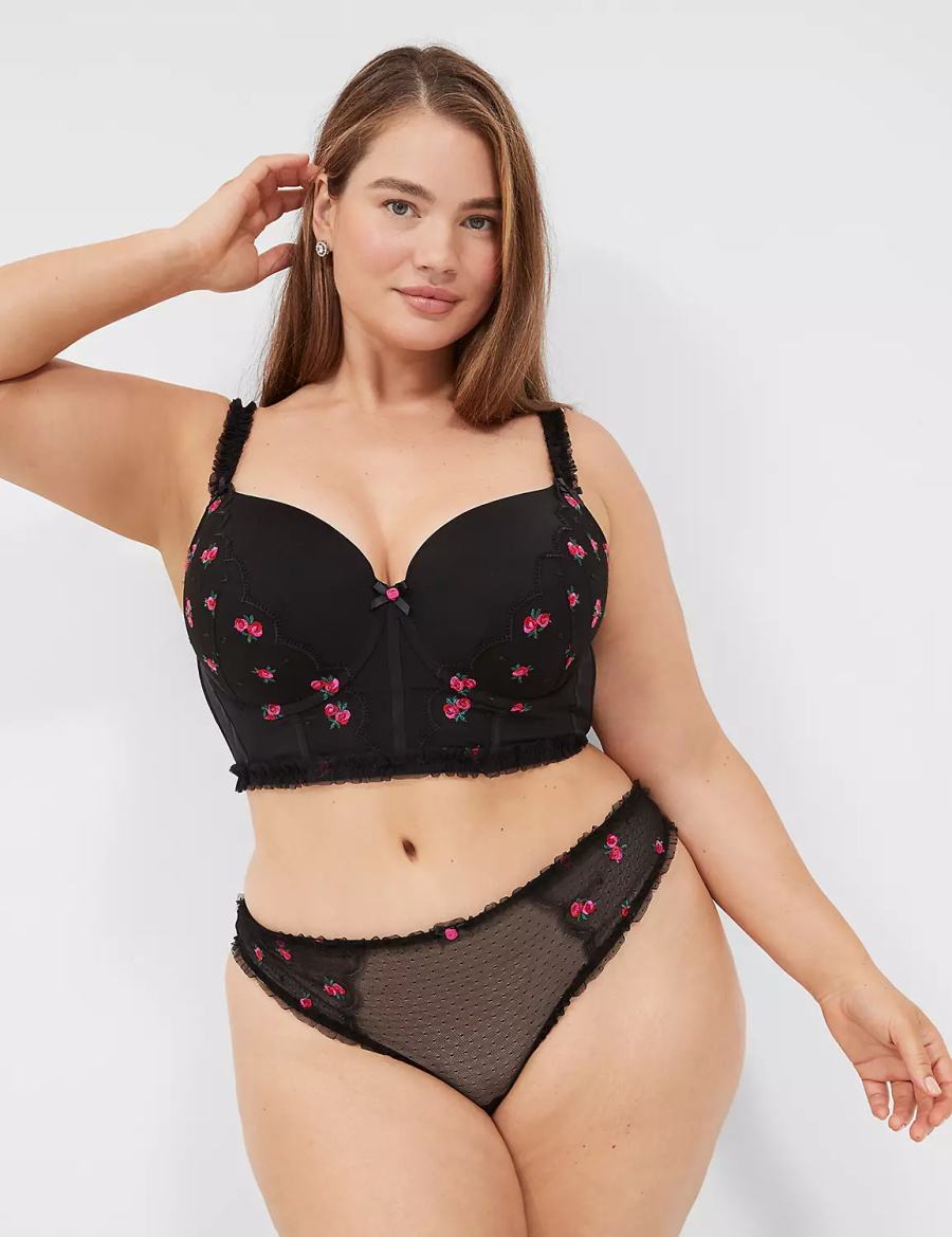 Dámské Tanga Kalhotky Lane Bryant Embroidered Ruffle-Trim Černé | YRL7614MO