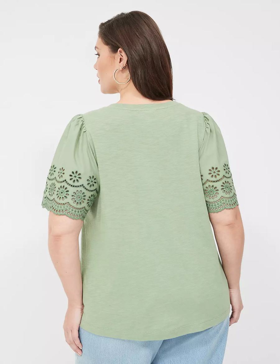 Dámské Tílko Lane Bryant Eyelet-Sleeve Crew-Neck Knit Tee Světle Zelene | UAE4928OG