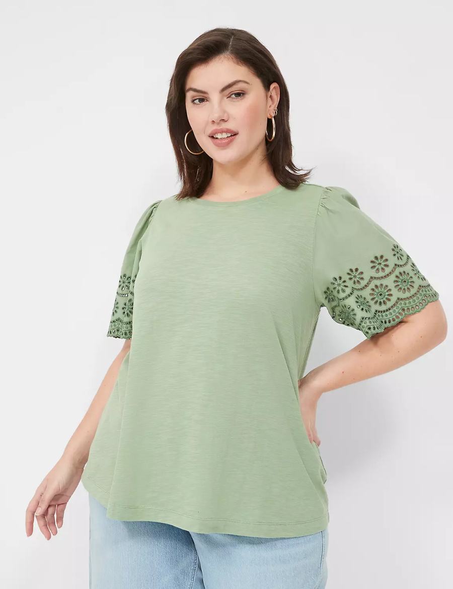 Dámské Tílko Lane Bryant Eyelet-Sleeve Crew-Neck Knit Tee Světle Zelene | UAE4928OG