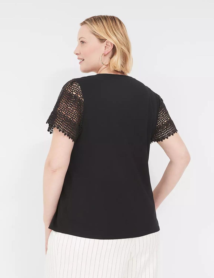 Dámské Tričko Lane Bryant Crochet-Sleeve Crew-Neck Tee Černé | QMS2163SG