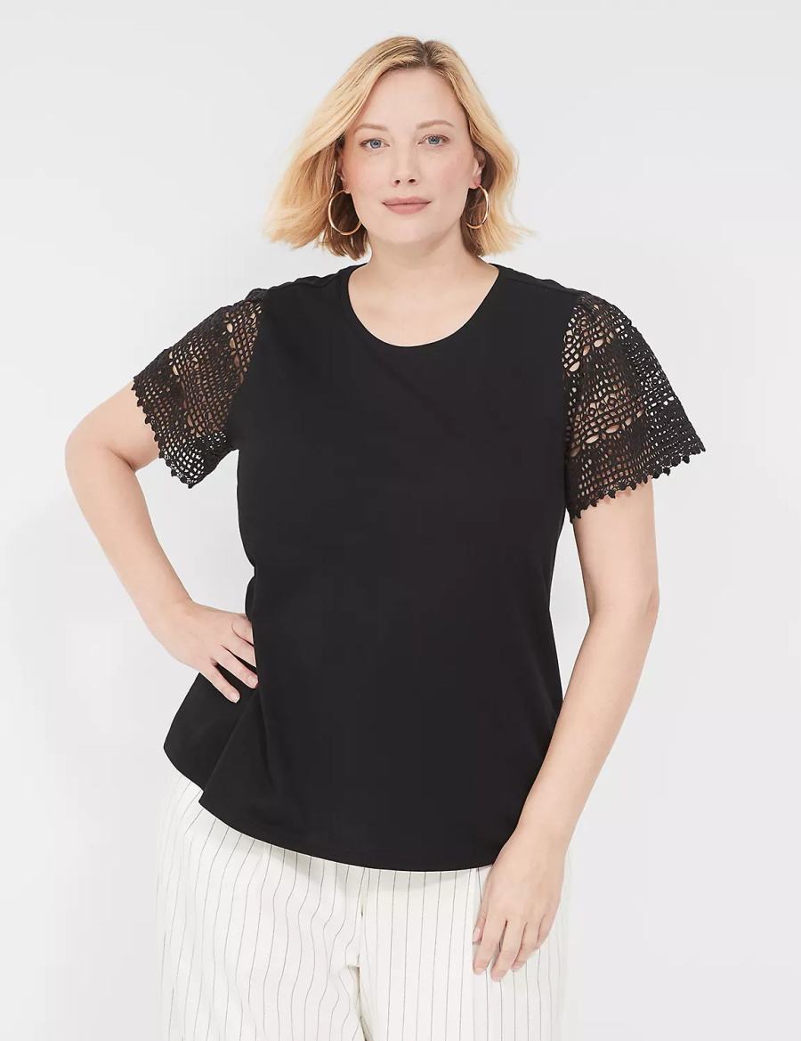 Dámské Tričko Lane Bryant Crochet-Sleeve Crew-Neck Tee Černé | QMS2163SG