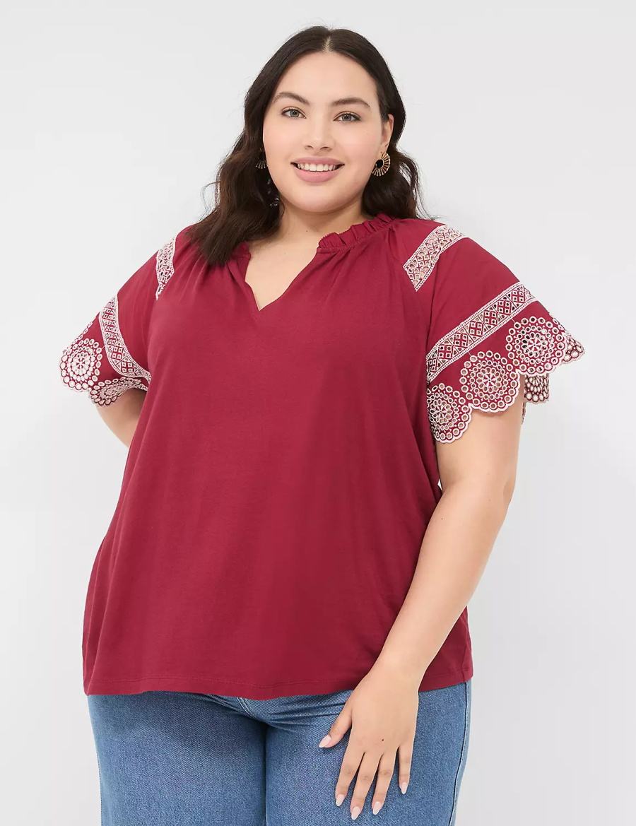 Dámské Tričko Lane Bryant Eyelet Short-Sleeve Knit Top Tmavě Červené | OEK624KS