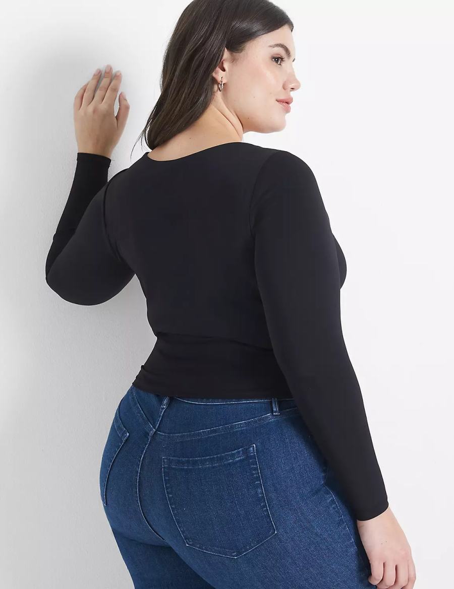 Dámské Tričko Lane Bryant Fitted Long-Sleeve Crop Tee Černé | OZG1546XN