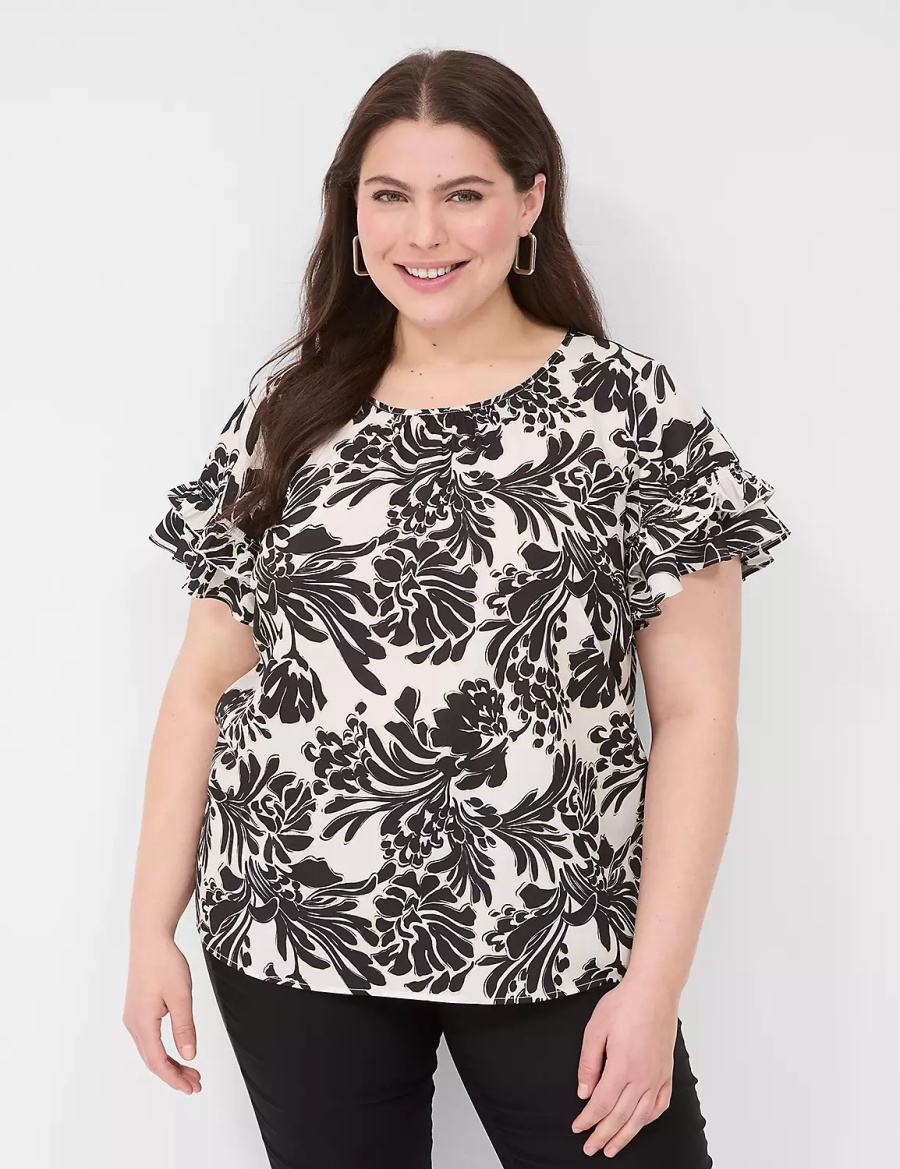 Dámské Tričko Lane Bryant Flutter-Sleeve Crew-Neck Top Černé | FZP2810DE