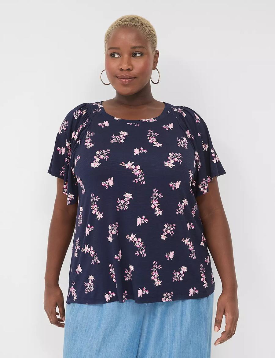 Dámské Tričko Lane Bryant Flutter-Sleeve Smocked Top Růžové Tmavě Blankyt | FLH7249MI