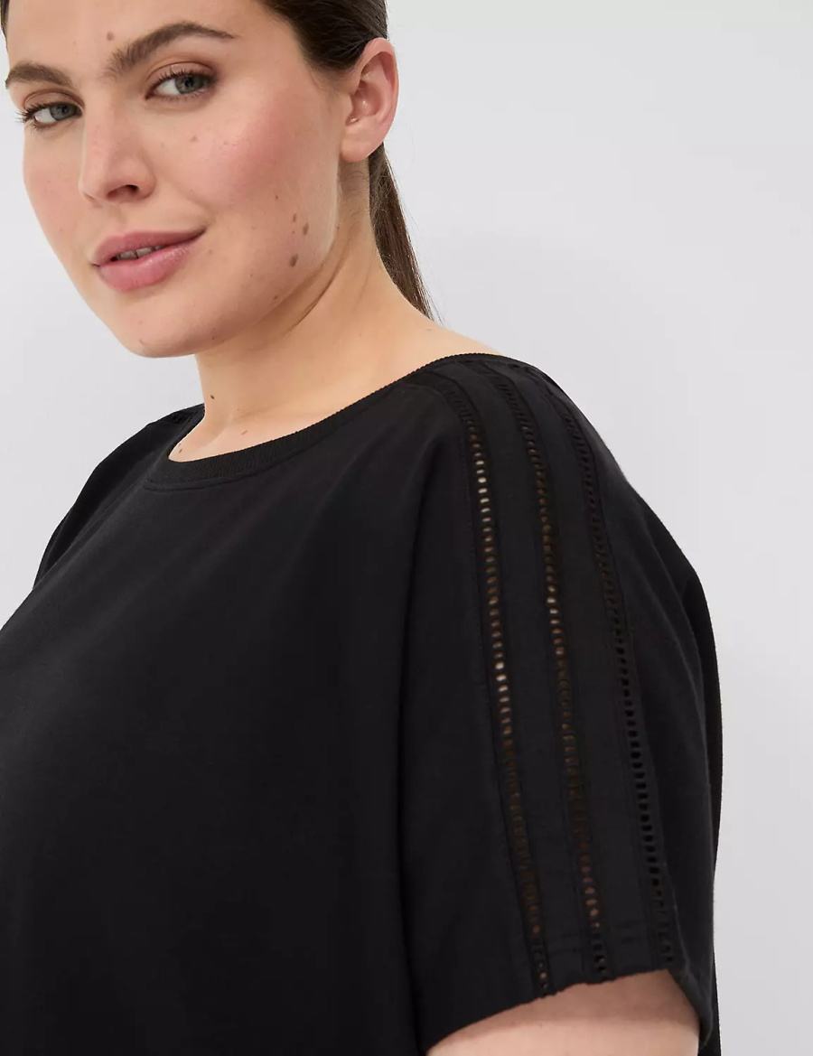 Dámské Tričko Lane Bryant LIVI Crochet-Detail French Terry Top Černé | EQH4913RH