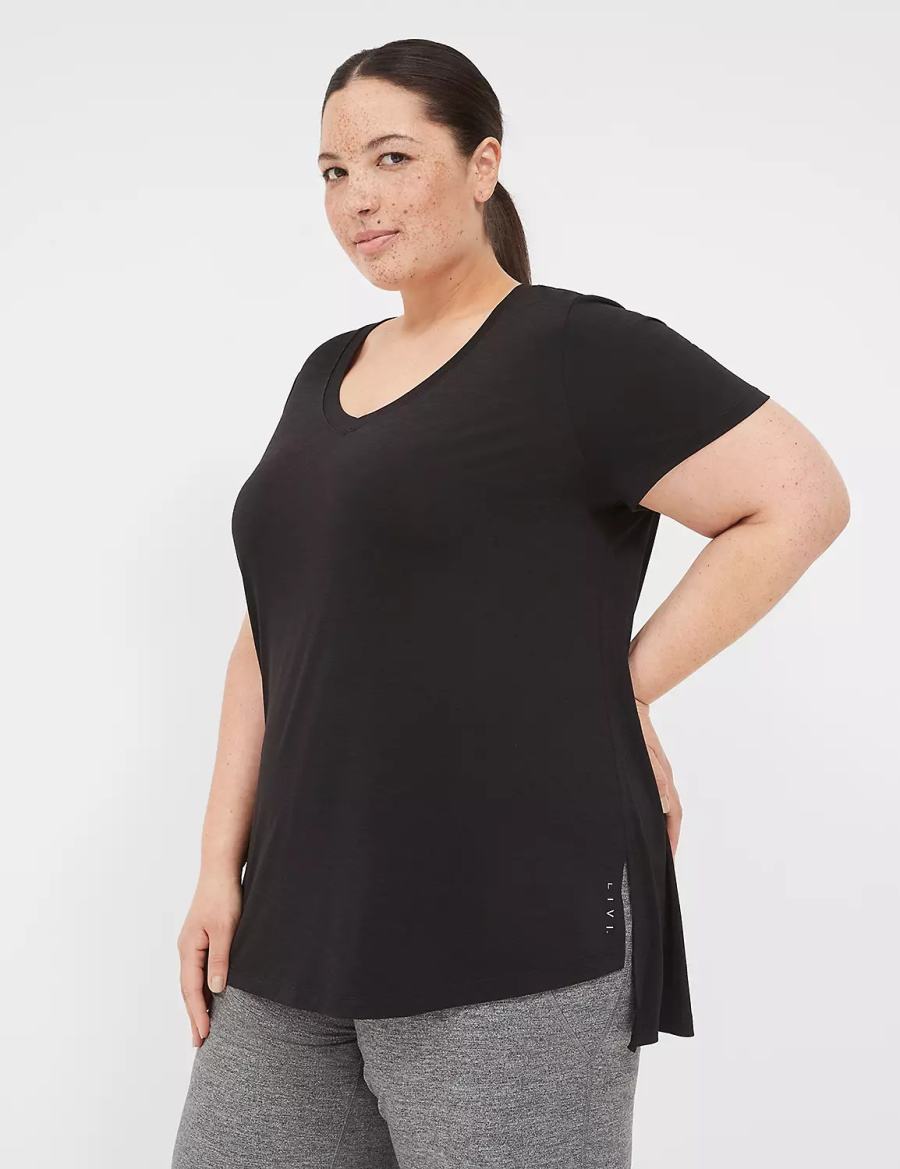 Dámské Tričko Lane Bryant LIVI V-Neck Ruched-Back Tee Černé | OGS9031WO