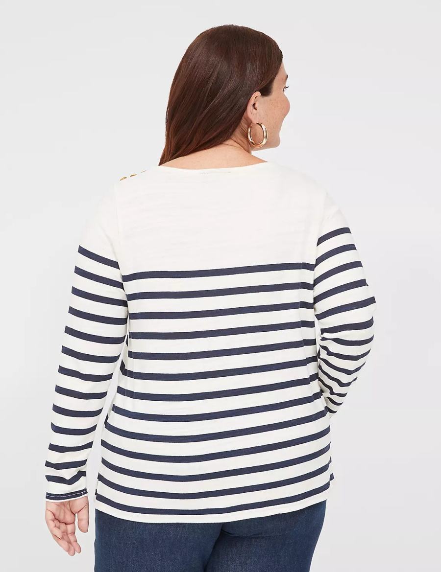 Dámské Tričko Lane Bryant Long-Sleeve Boatneck Top Tmavě Blankyt Proužek | NIF1210HA