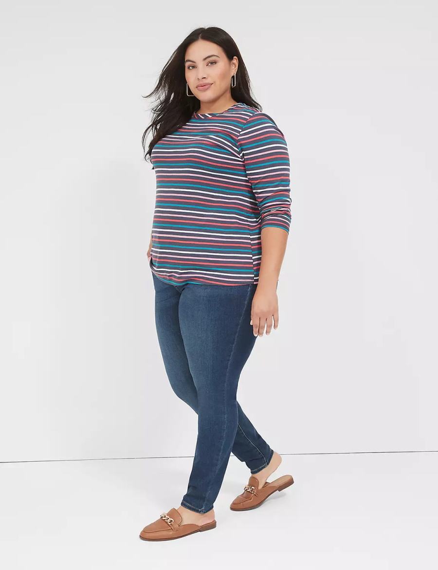 Dámské Tričko Lane Bryant Long-Sleeve Crew-Neck Tee Tmavě Blankyt Viacfarebný Proužek | XWJ8942QN