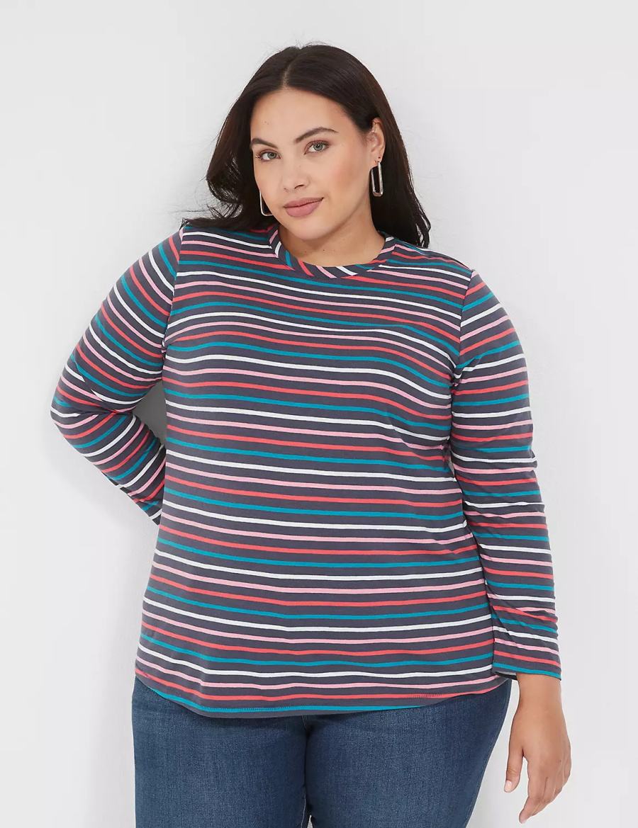 Dámské Tričko Lane Bryant Long-Sleeve Crew-Neck Tee Tmavě Blankyt Viacfarebný Proužek | XWJ8942QN