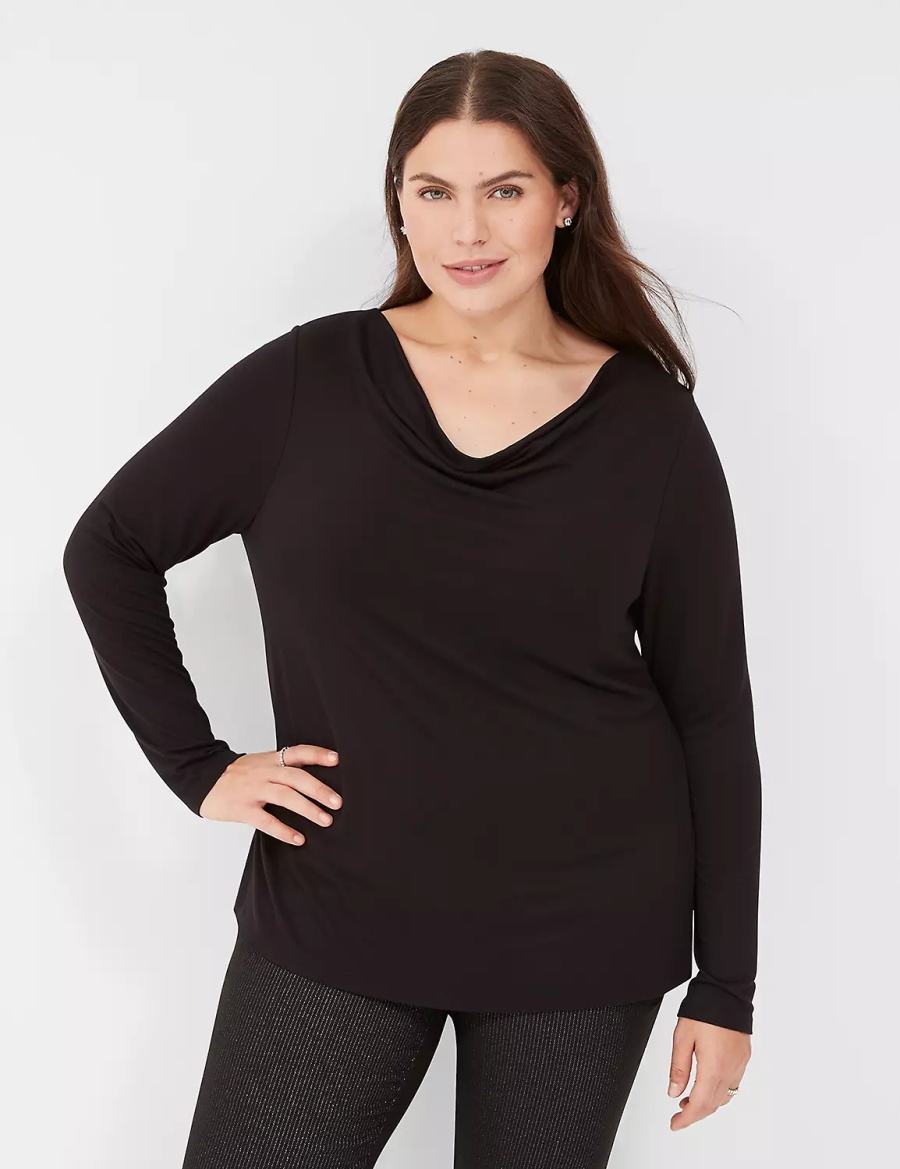 Dámské Tričko Lane Bryant Long-Sleeve Drape-Neck Top Černé | YKY8683AR