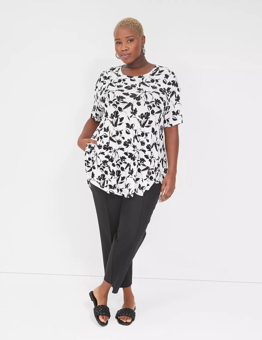 Dámské Tričko Lane Bryant Max Swing Perfect Sleeve Crew-Neck Tee Černé Bílé | IDF882NW