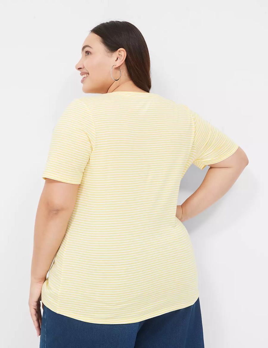 Dámské Tričko Lane Bryant Perfect Sleeve V-Neck Tee Žluté Proužek | KRZ882XI