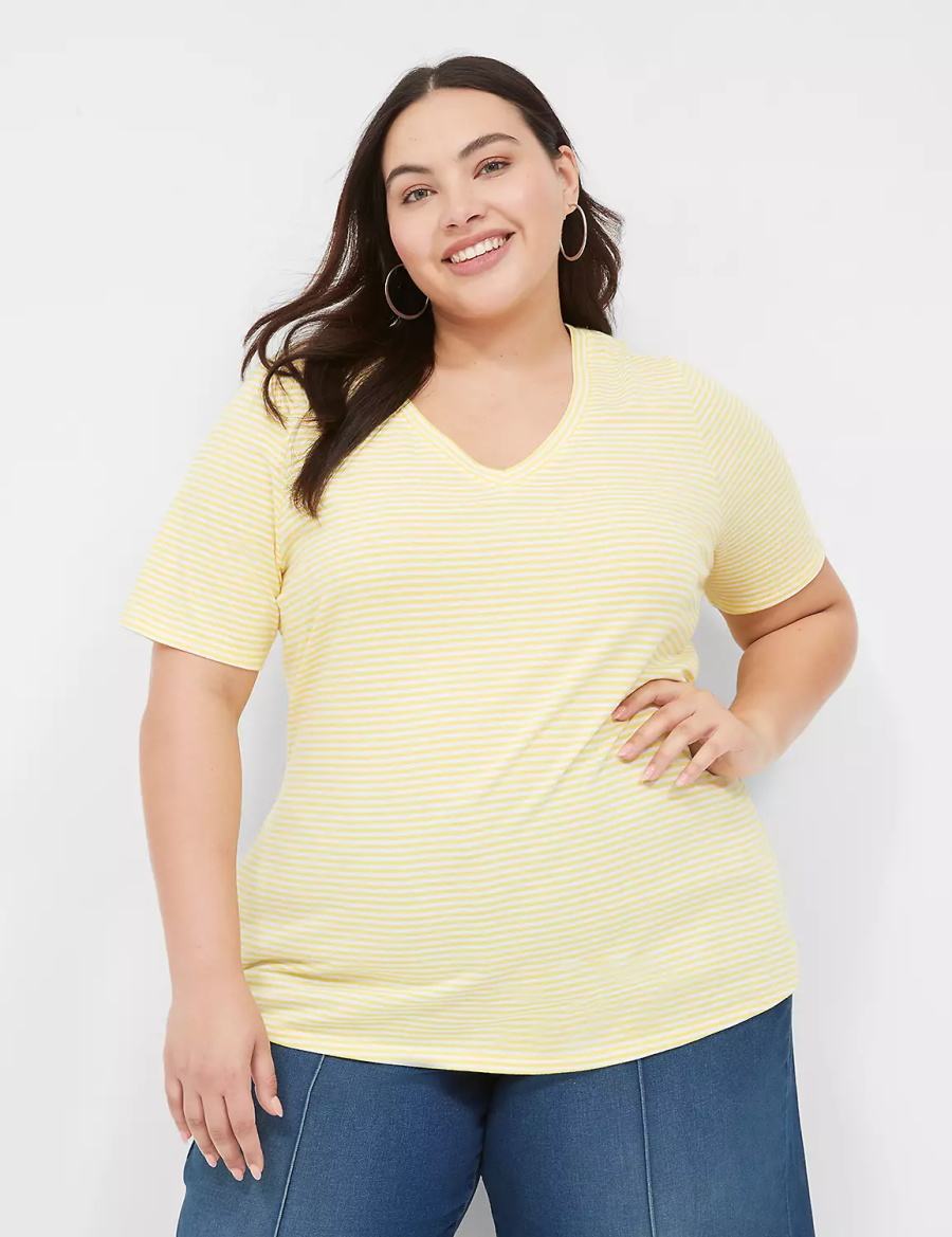 Dámské Tričko Lane Bryant Perfect Sleeve V-Neck Tee Žluté Proužek | KRZ882XI