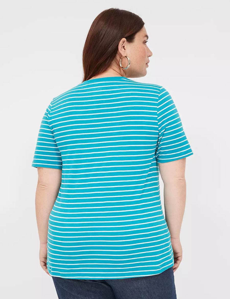 Dámské Tričko Lane Bryant Perfect Sleeve V-Neck Tee Tyrkysové Proužek | PHX3085LH