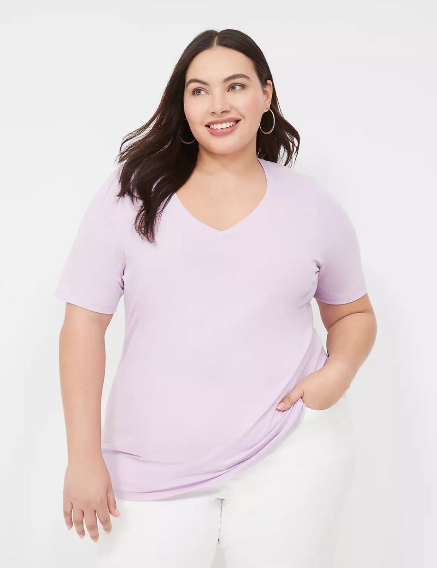 Dámské Tričko Lane Bryant Perfect Sleeve V-Neck Tee Fialové | RRI824DI