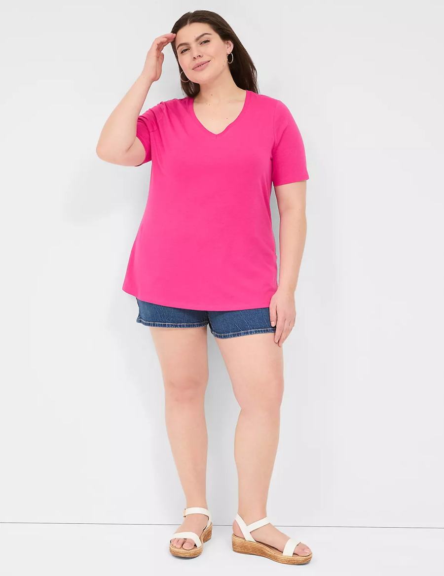 Dámské Tričko Lane Bryant Perfect Sleeve V-Neck Tee Růžové | BKP9270NW