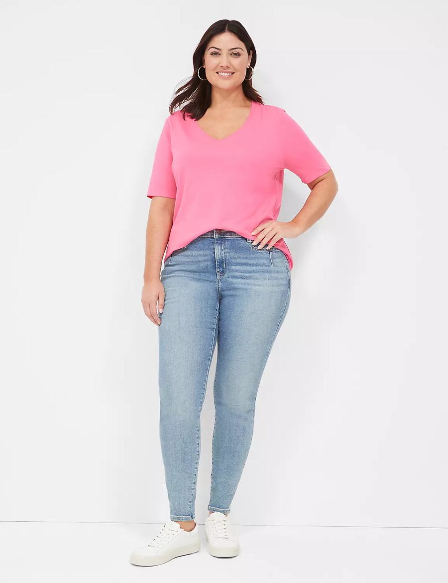 Dámské Tričko Lane Bryant Perfect Sleeve V-Neck Tee Fuchsie | RKD711KW