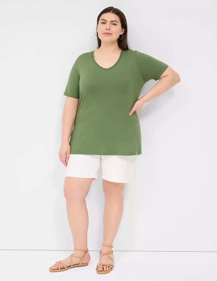 Dámské Tričko Lane Bryant Perfect Sleeve V-Neck Tee Hnědé Zelene | EKV9389MK