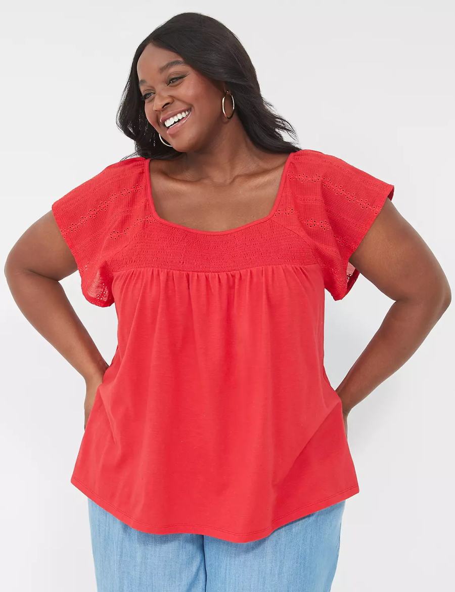 Dámské Tričko Lane Bryant Relaxed Eyelet-Sleeve Smocked-Neck Top Červené | BFP259FJ