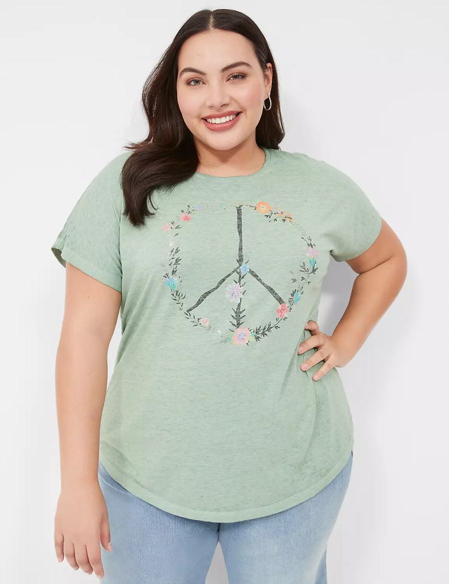 Dámské Tričko Lane Bryant Scoop-Neck Peace Flowers Graphic Tee Světle Zelene | OYD7734OZ