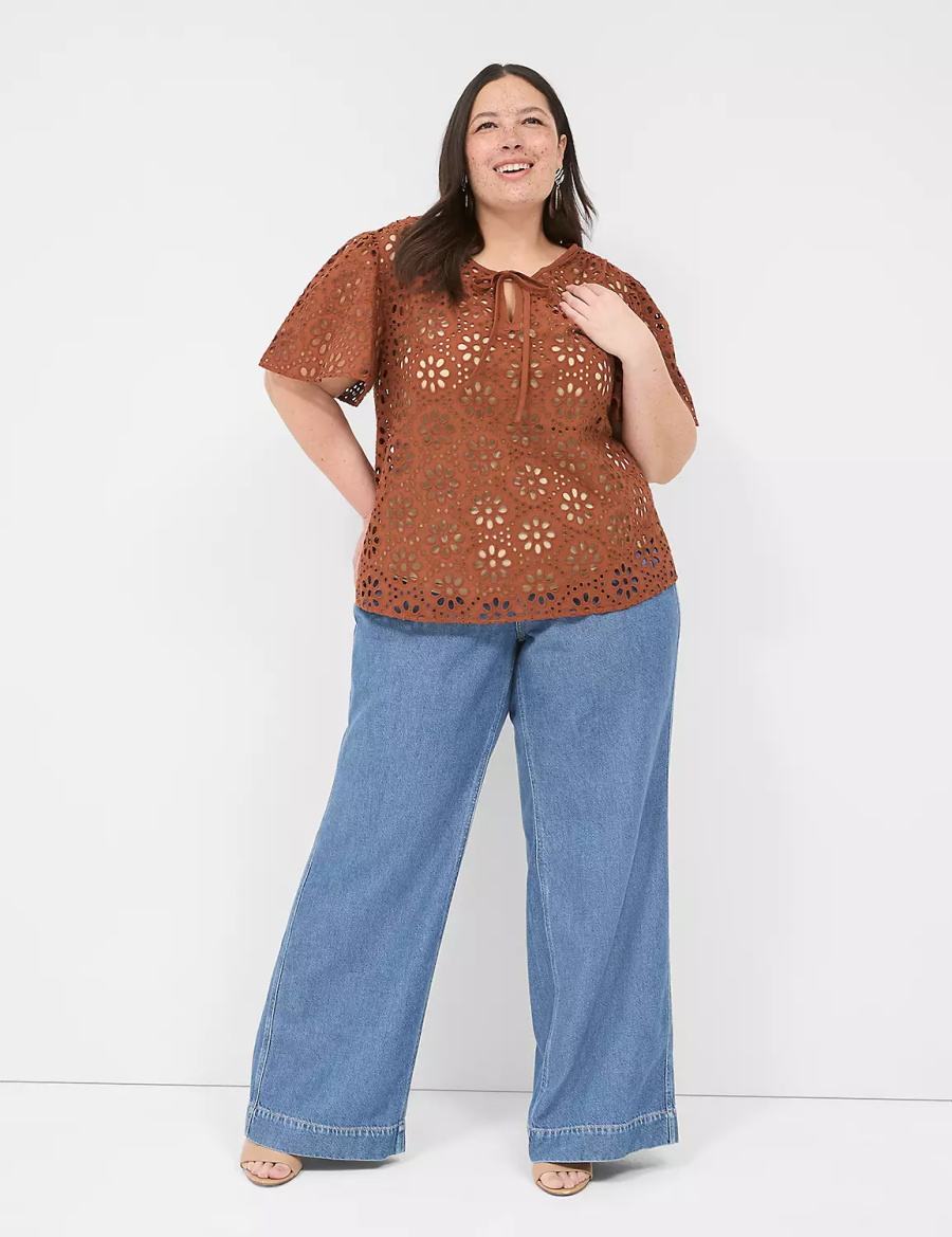 Dámské Tričko Lane Bryant Sheer Flutter-Sleeve Eyelet Top Hnědé | WJQ804QV