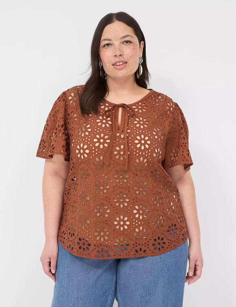 Dámské Tričko Lane Bryant Sheer Flutter-Sleeve Eyelet Top Hnědé | WJQ804QV