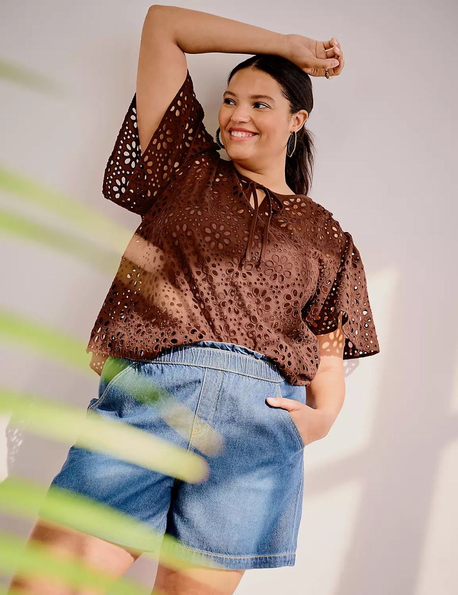 Dámské Tričko Lane Bryant Sheer Flutter-Sleeve Eyelet Top Hnědé | WJQ804QV